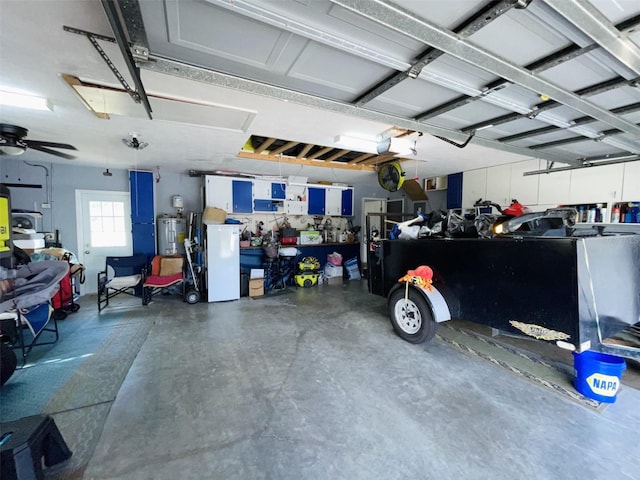 garage featuring ceiling fan and electric water heater