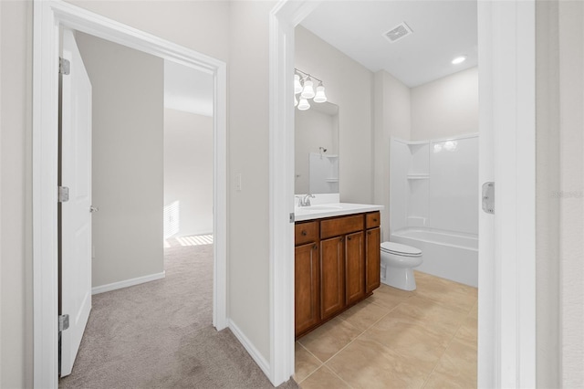 full bathroom featuring tile patterned flooring, shower / tub combination, vanity, and toilet