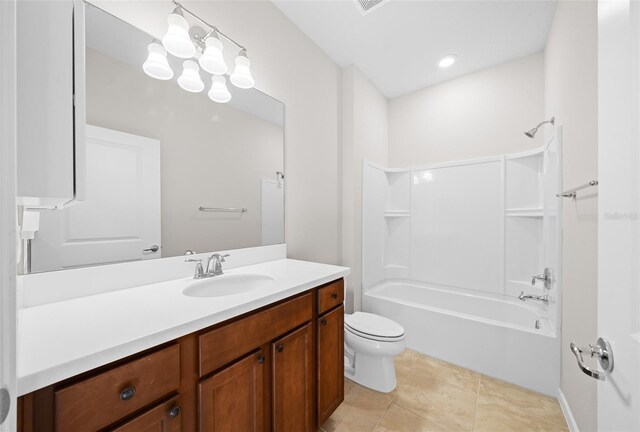 full bathroom featuring shower / bathing tub combination, vanity, toilet, and tile patterned floors