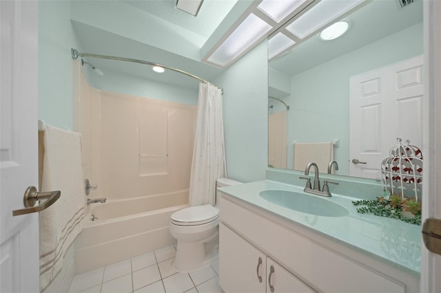 bathroom featuring vanity, shower / bath combo, tile patterned flooring, and toilet