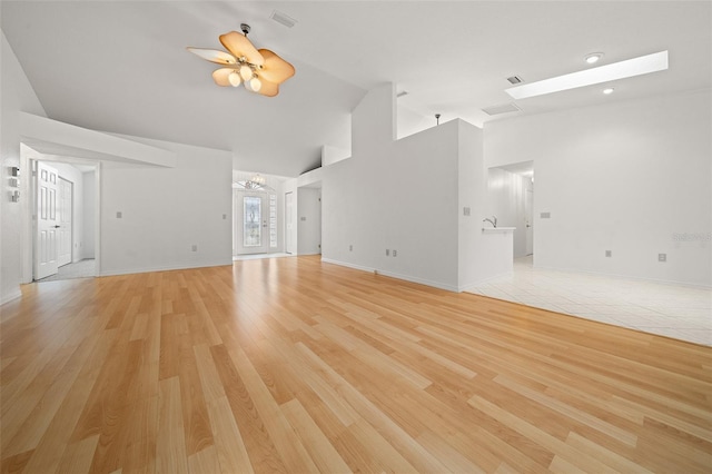 unfurnished living room featuring visible vents, high vaulted ceiling, a skylight, and light wood-style flooring