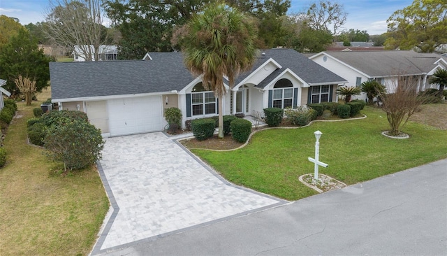 ranch-style house featuring a garage, a shingled roof, a front lawn, and decorative driveway