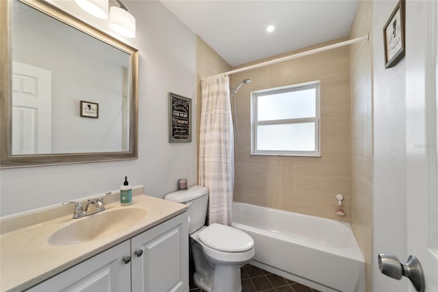 full bathroom featuring tile patterned flooring, vanity, toilet, and shower / bathtub combination with curtain