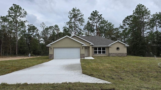 ranch-style house with a garage and a front lawn