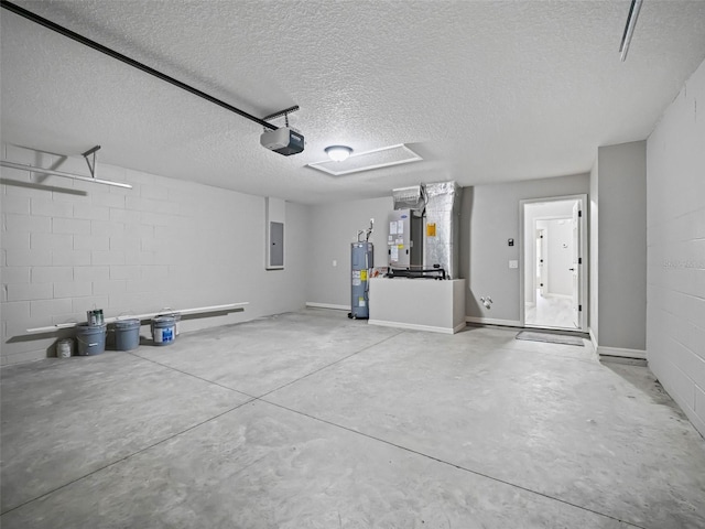 garage with electric water heater, electric panel, a garage door opener, and heating unit