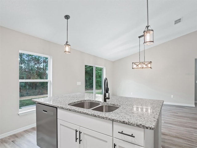 kitchen with white cabinets, stainless steel dishwasher, a wealth of natural light, and sink