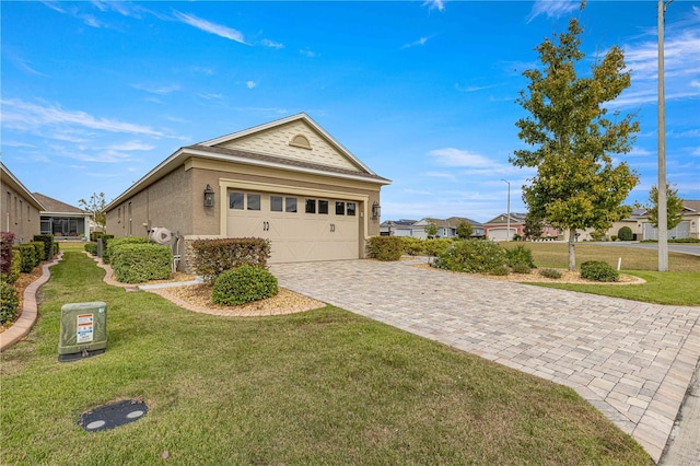 view of home's exterior with a lawn and a garage