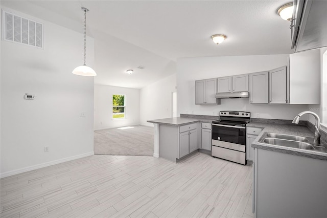 kitchen with sink, vaulted ceiling, gray cabinets, stainless steel electric range oven, and decorative light fixtures