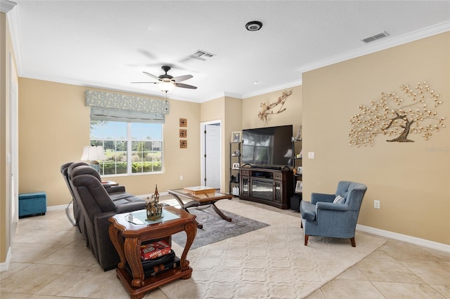 tiled living room featuring ceiling fan and ornamental molding