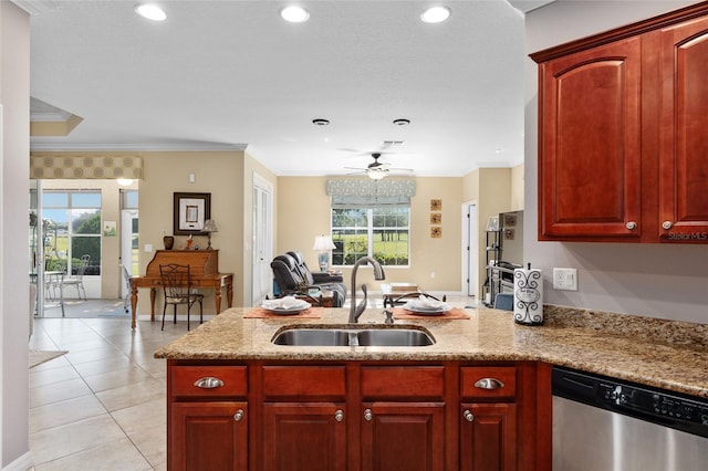 kitchen with stainless steel dishwasher, crown molding, kitchen peninsula, and sink