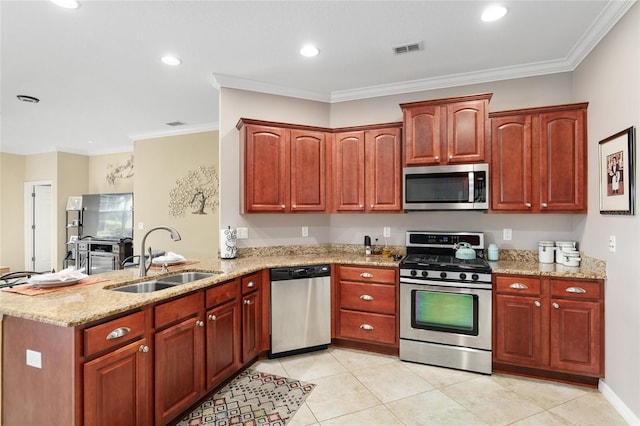 kitchen with kitchen peninsula, stainless steel appliances, crown molding, and sink