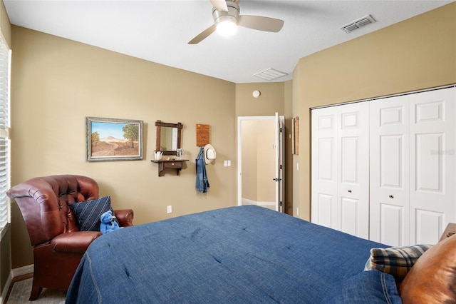 bedroom featuring a closet and ceiling fan