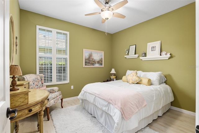 bedroom featuring ceiling fan and light hardwood / wood-style flooring