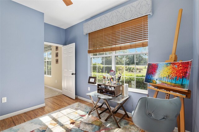 sitting room with hardwood / wood-style floors, plenty of natural light, and ceiling fan