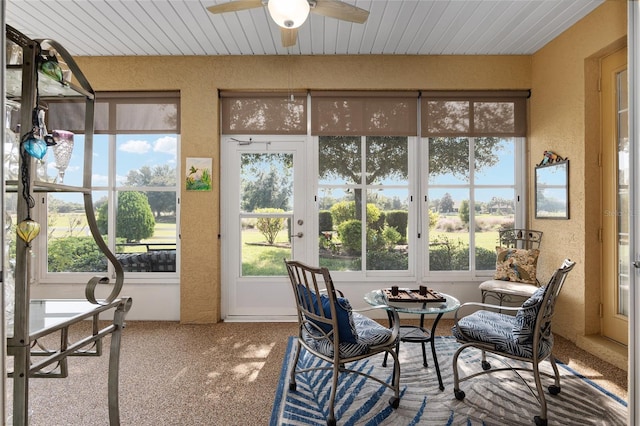 sunroom / solarium featuring wood ceiling, plenty of natural light, and ceiling fan