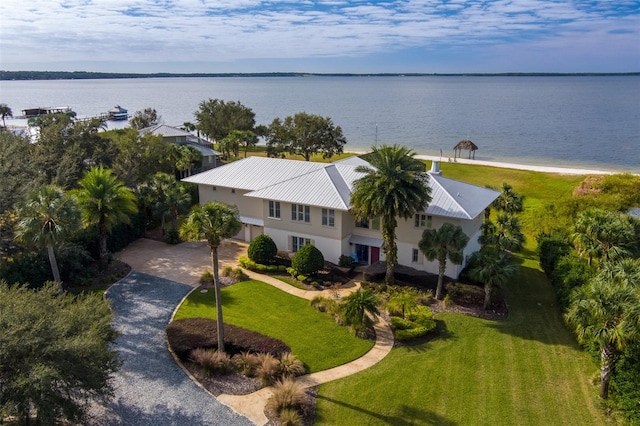 birds eye view of property featuring a water view