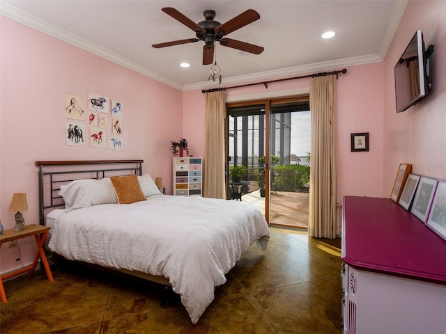 bedroom with access to outside, ceiling fan, and crown molding