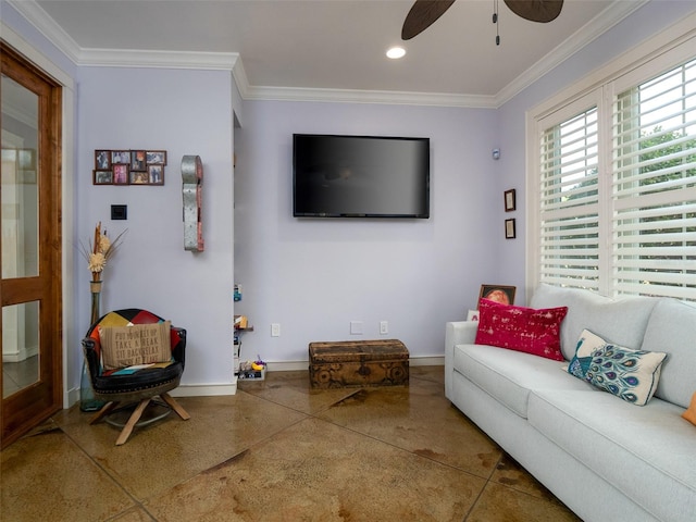 living room with tile patterned flooring, ceiling fan, and crown molding