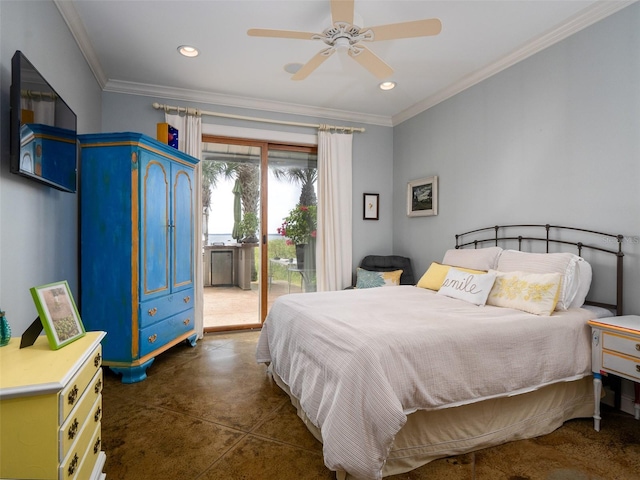 bedroom with access to outside, ceiling fan, and ornamental molding