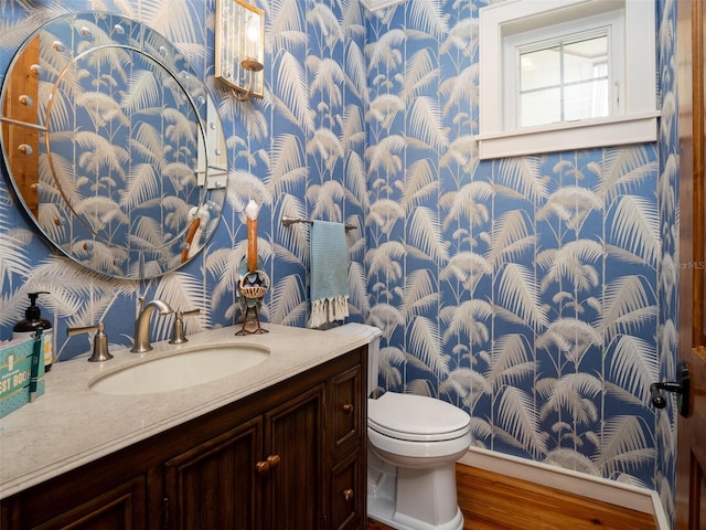 bathroom with hardwood / wood-style flooring, vanity, and toilet