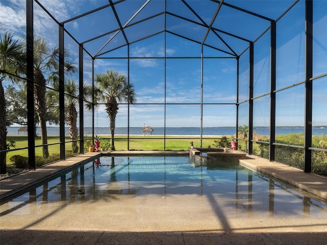 view of swimming pool with a water view and glass enclosure