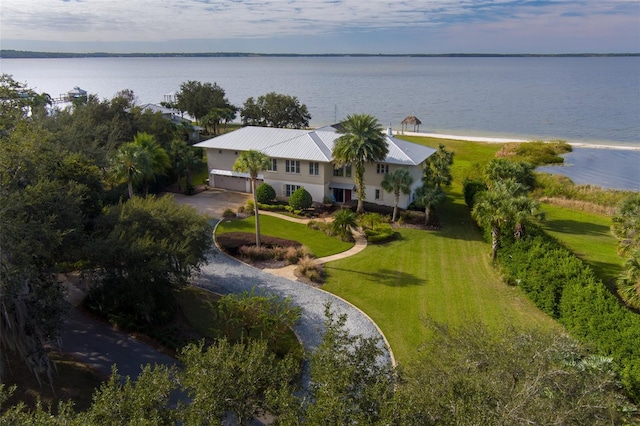 aerial view featuring a water view