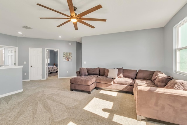 living room with visible vents, recessed lighting, carpet, baseboards, and ceiling fan