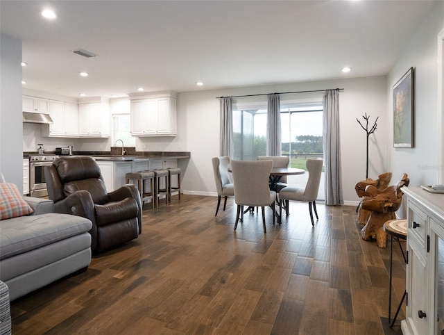 dining space with sink and dark wood-type flooring