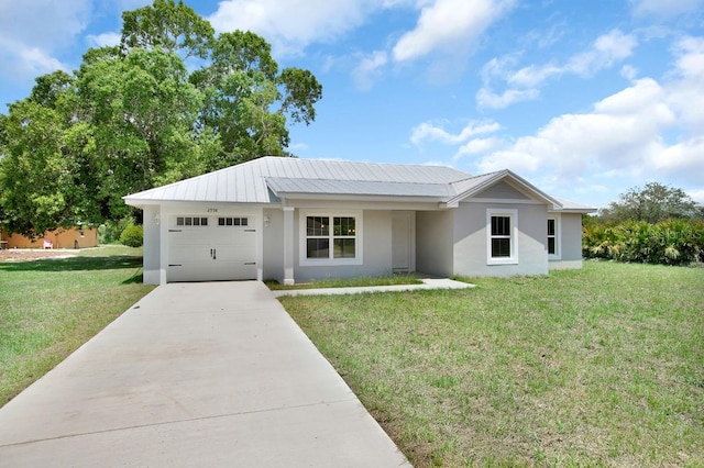 single story home featuring a front yard and a garage