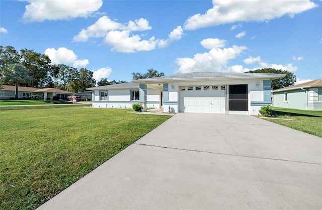 ranch-style home with a front lawn and a garage