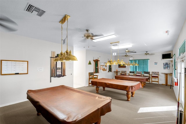 game room featuring carpet flooring, ceiling fan, and pool table