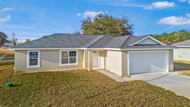 single story home featuring a front yard and a garage