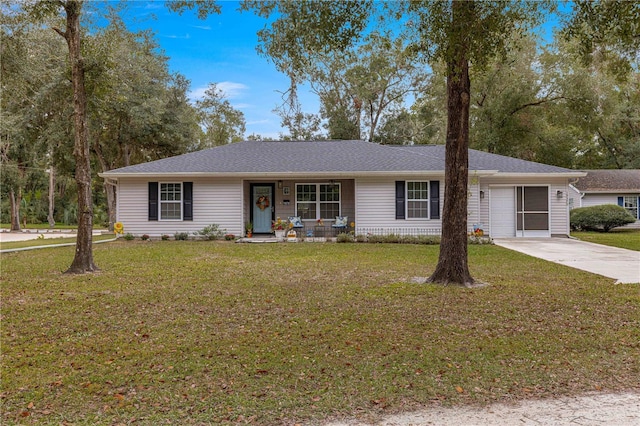 ranch-style home featuring a porch and a front yard