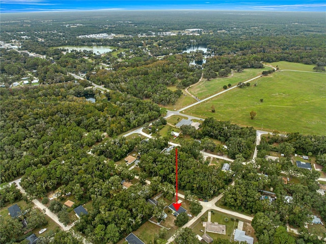 aerial view with a water view and a view of trees