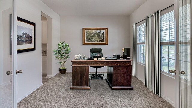 carpeted home office with french doors