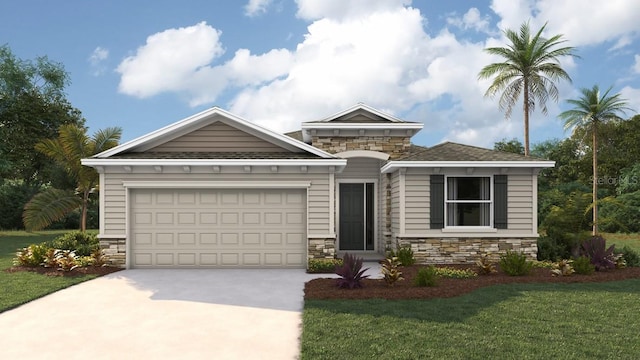 view of front of home featuring a front lawn, stone siding, an attached garage, and concrete driveway