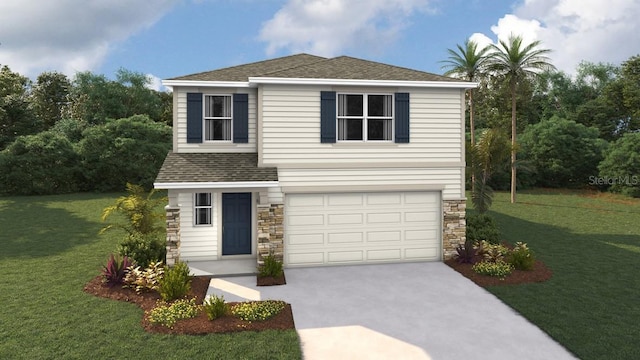 5085 SW 51st Rd, Gainesville, FL 32608 - view of front facade with driveway, stone siding, a garage, a shingled roof, and a front lawn