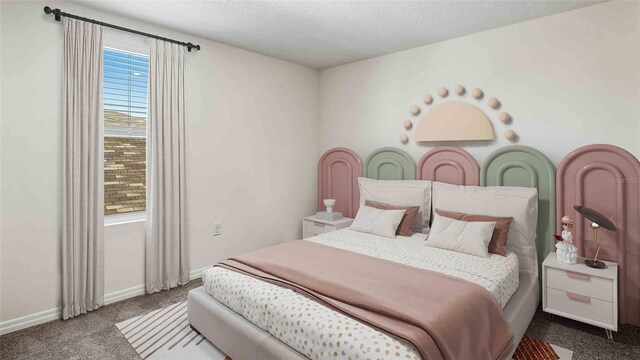 carpeted bedroom with a textured ceiling