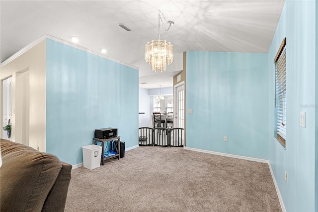 interior space featuring vaulted ceiling and an inviting chandelier