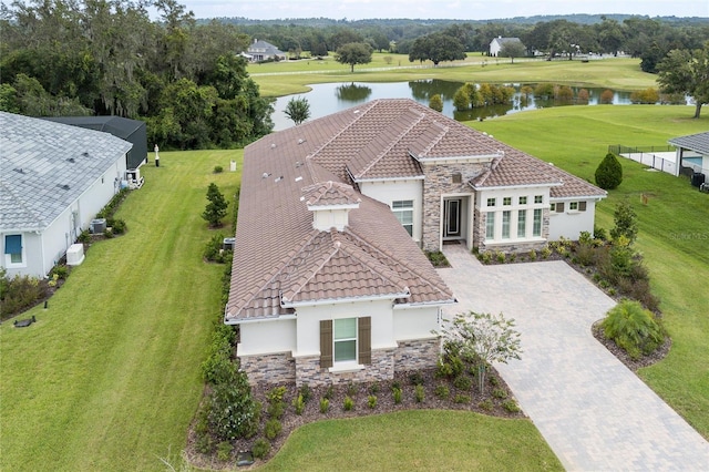 drone / aerial view featuring a water view