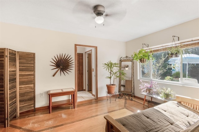 living area featuring ceiling fan and hardwood / wood-style floors