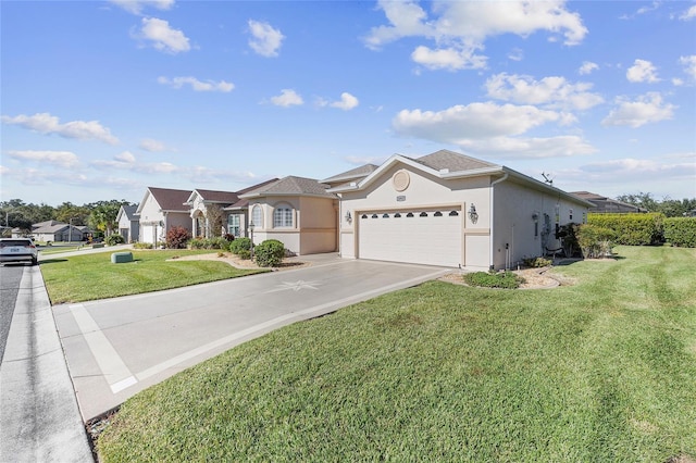 ranch-style home featuring a garage and a front yard