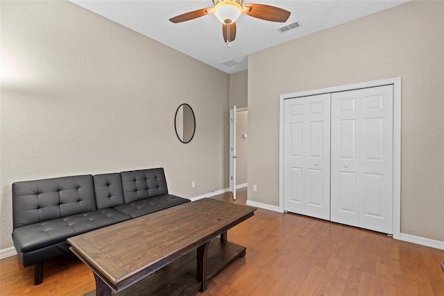 office space featuring ceiling fan and hardwood / wood-style floors