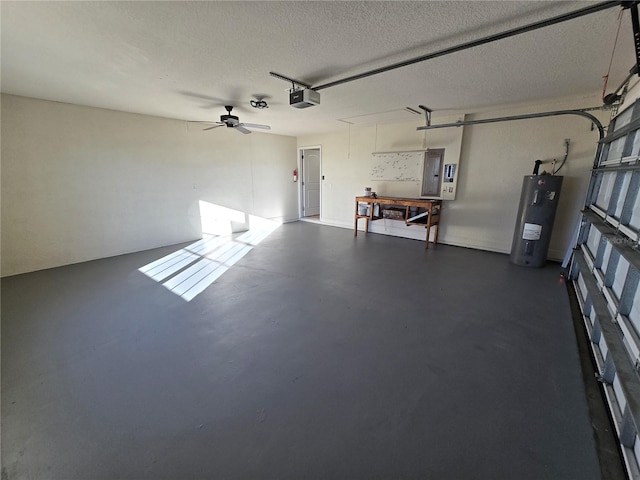 garage featuring ceiling fan, electric panel, a garage door opener, and water heater