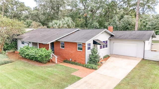 ranch-style home with a garage and a front yard