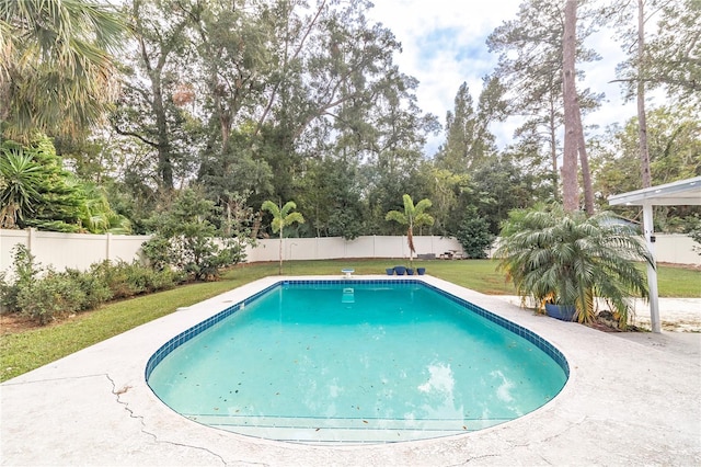 view of pool featuring a lawn