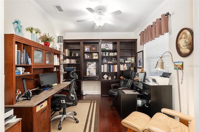 home office featuring dark hardwood / wood-style flooring, ceiling fan, and crown molding