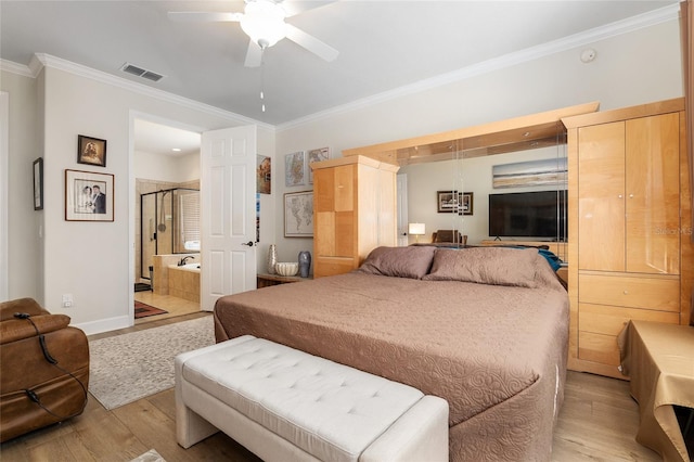 bedroom with ensuite bath, ceiling fan, ornamental molding, and light wood-type flooring