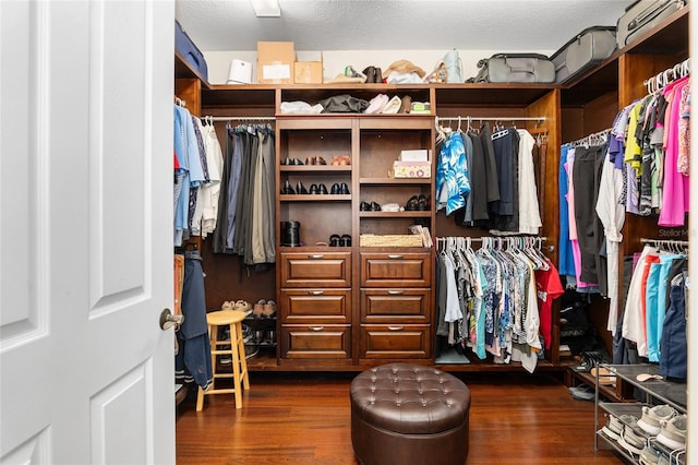 walk in closet with dark wood-type flooring