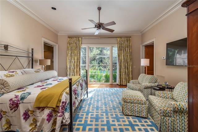 bedroom featuring ceiling fan, hardwood / wood-style flooring, and ornamental molding